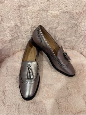 Talbots Leighton Metallic Silver Leather Tassel Brogue Loafers